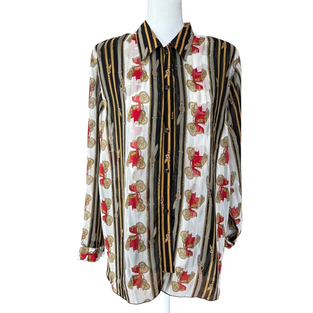 WON‎ MOA Women's Vintage Red Convertible Car Print Sheer Button Up Shirt Size M
